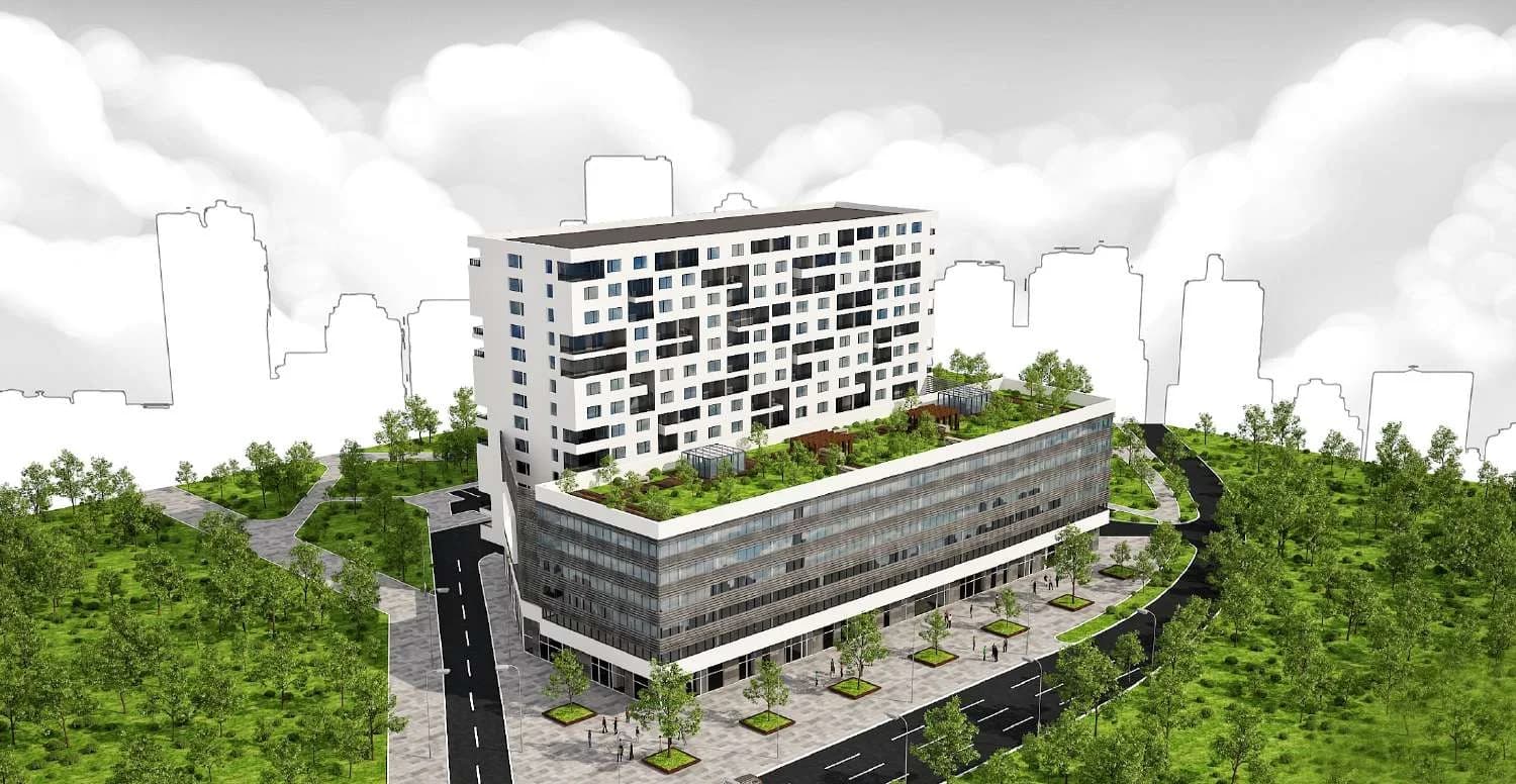 Arhitektonski render projekta Otoka Meandar s visokim stambenim volumenom iznad poslovnog podija
